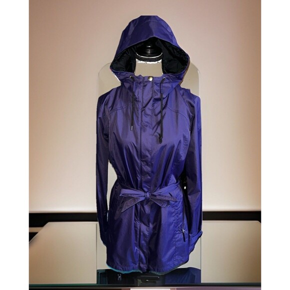 Columbia Jackets & Blazers - NWOT Columbia Wind Rain Blue Womens Hooded Belted Full Zip Snap Jacket Large